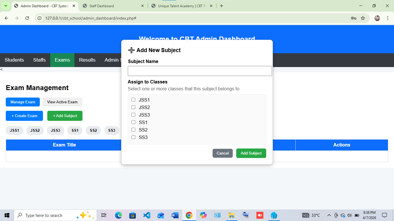 LAN CBT Admin Dashboard